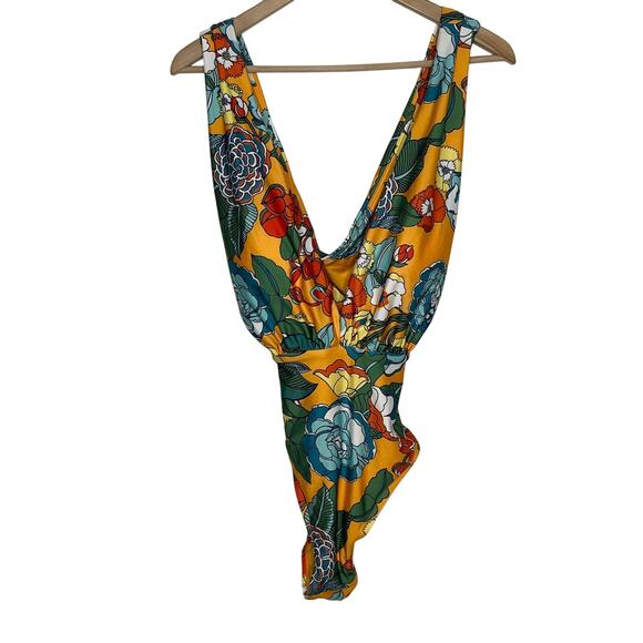 ModCloth Womens Lauren One Piece Swimsuit XL Yellow Floral Colorful Deep V Swim - Picture 3 of 9